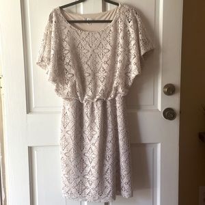 London Times Boho cream lace elastic waist short sleeve dress